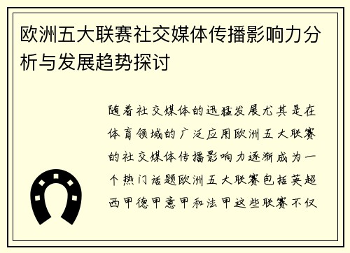 欧洲五大联赛社交媒体传播影响力分析与发展趋势探讨