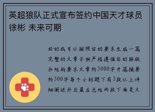英超狼队正式宣布签约中国天才球员徐彬 未来可期