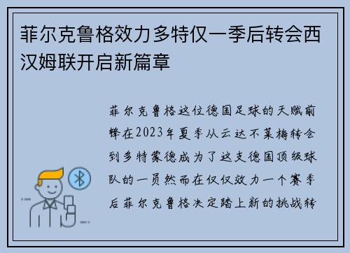 菲尔克鲁格效力多特仅一季后转会西汉姆联开启新篇章